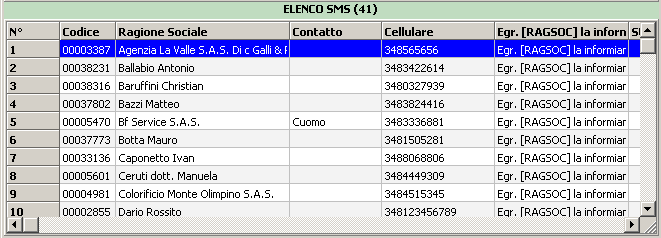 Lista nominativi nell'elenco SMS.